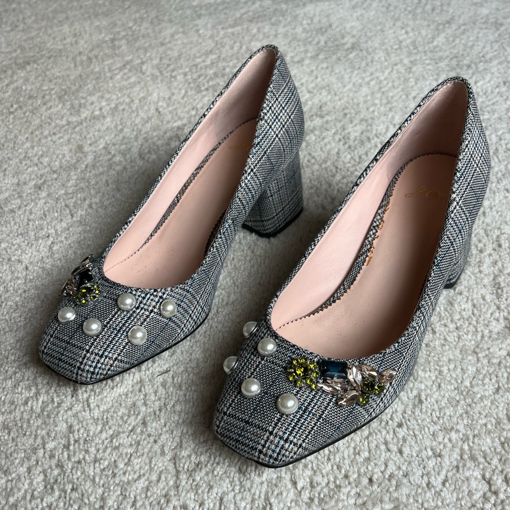 J Crew Plaid Block Heels with Embellishments size 10
